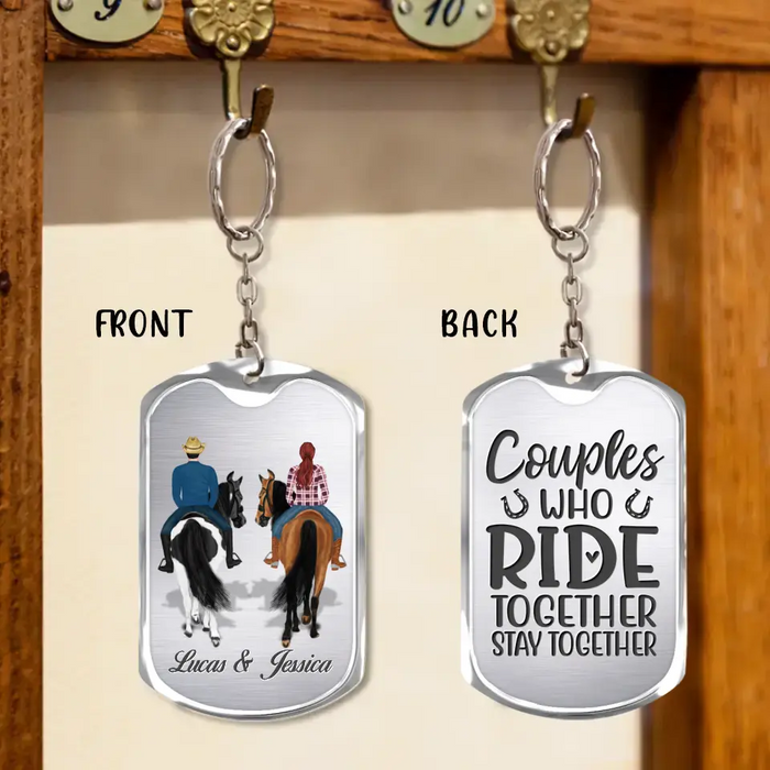 Custom Personalized Couple Riding Horses Aluminum Keychain - Best Gift For Couple, Horse Lover - Couples Who Ride Together Stay Together