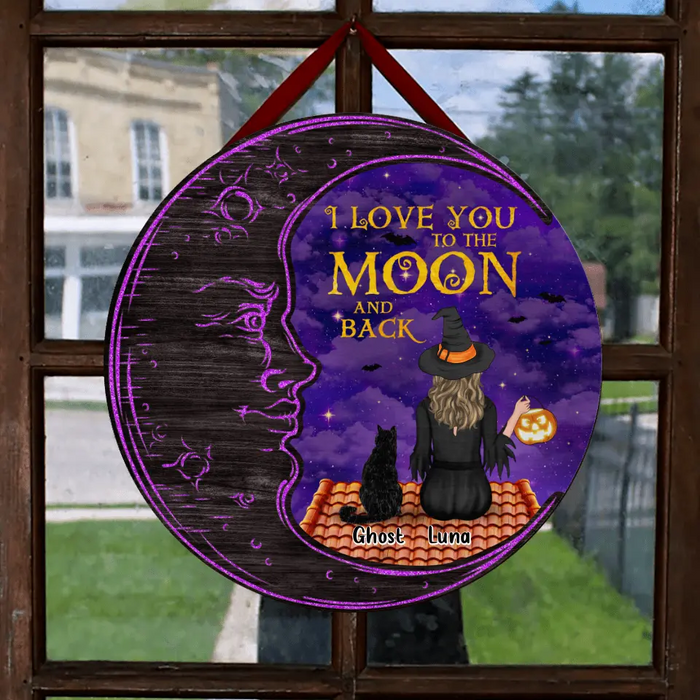 Custom Personalized Cat Witch Double Layer Round Sign - Gift Idea For Halloween/ Cat Lover - Upto 4 Cats - I Love You To The Moon And Back