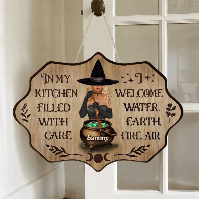 Custom Personalized Witch Wooden Sign - Halloween Gift Idea For Friends/Sisters/Wiccan Decor/Pagan Decor - In My Kitchen Filled With Care I Welcome Water Earth Fire Air