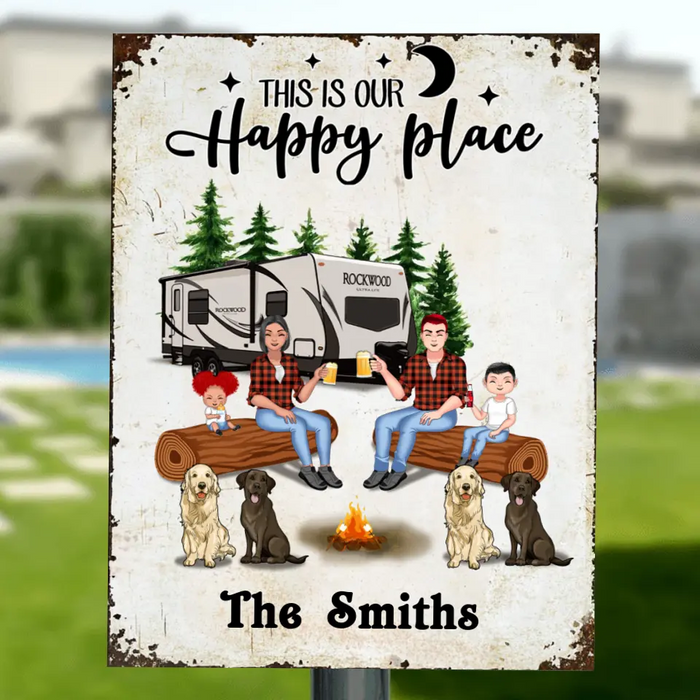 Personalized Camping Family Metal Sign - Gift Idea For Camping Lovers with up to 2 Kids and 4 Dogs -  This Is Our Happy Place