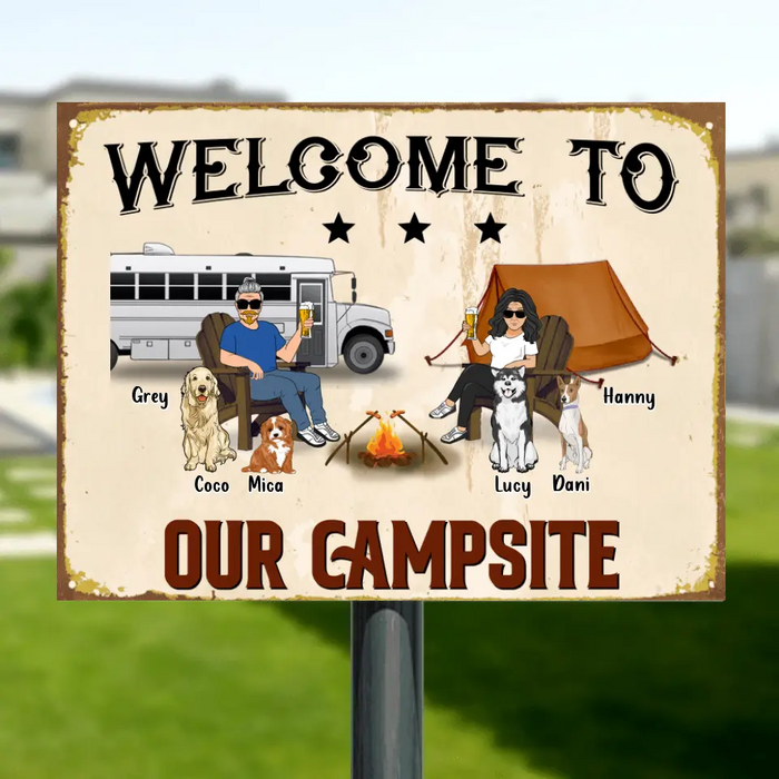 Custom Personalized Couple Camping Metal Sign - Couple With Up to 4 Pets - Gift Idea For Camping/ Dog/ Cat Lover - Welcome To Our Campsite