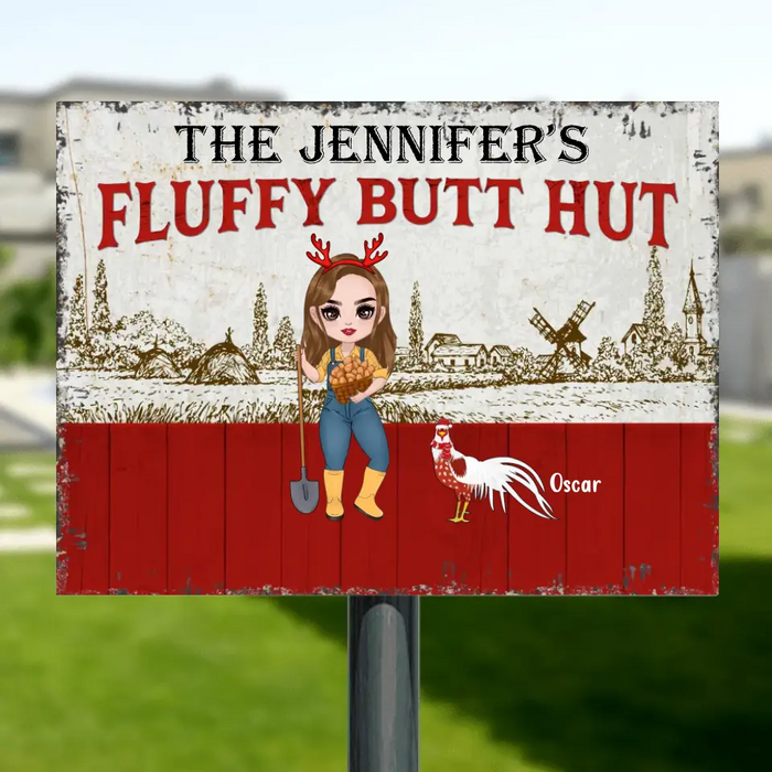 Personalized Girl & Chicken Metal Sign - Gift Idea For Chicken Lovers - Up to 9 Chickens - Fluffy Butt Hut
