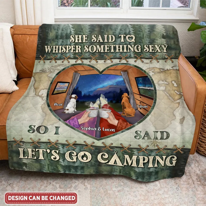 Custom Personalized Couple Pillow Cover/ Quilt/ Fleece Throw Blanket - Couple With Upto 2 Pets - Gift Idea For Couple/ Camping Lover - Let's Go Camping