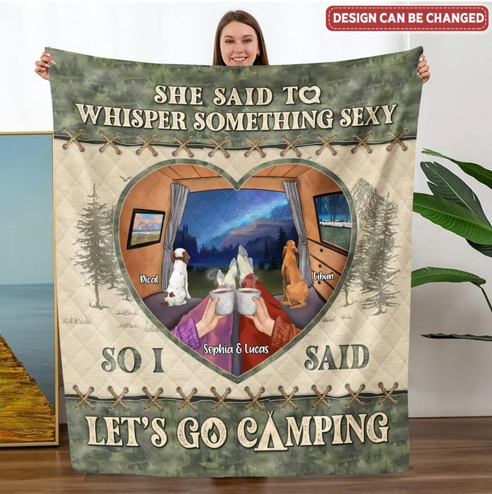 Custom Personalized Couple Pillow Cover/ Quilt/ Fleece Throw Blanket - Couple With Upto 2 Pets - Gift Idea For Couple/ Camping Lover - Let's Go Camping