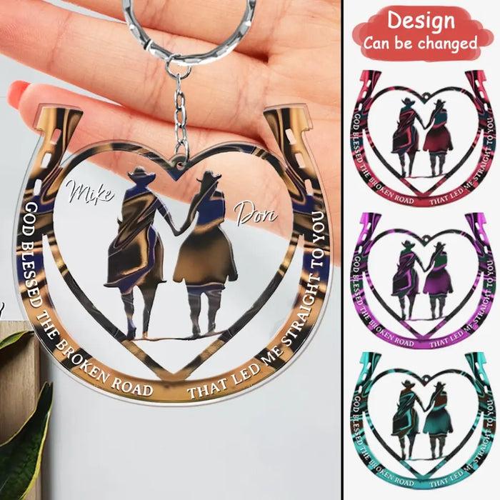 Custom Personalized Couple Cowboy And Cowgirl Acrylic Keychain - Gift Idea For Couple/ Horse Lover - God Blessed The Broken Road That Led Me Straight To You