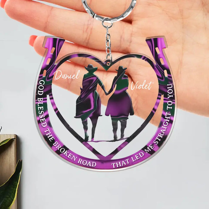 Custom Personalized Couple Cowboy And Cowgirl Acrylic Keychain - Gift Idea For Couple/ Horse Lover - God Blessed The Broken Road That Led Me Straight To You