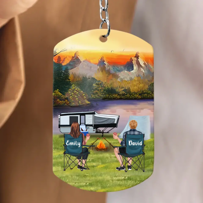 Custom Personalized Camping Aluminum Keychain - Adult/Couple with Upto 2 Dogs/Cats - Gift Idea for Camping/Dog/Cat Lovers - Husband And Wife Camping Partners For Life