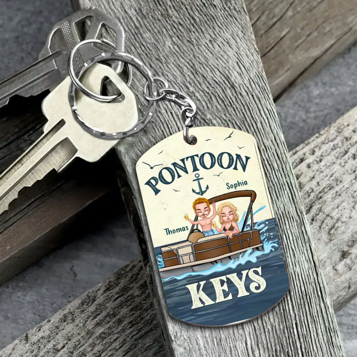 Personalized Pontoon Couple Aluminum Keychain - 
 Gift Idea For Couple/Him/Her/Pontoon Lovers - A Pontoon Captain And His Pontoon Queen Live Here