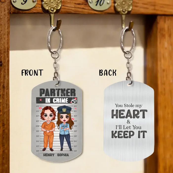 Custom Personalized Couple Partners In Crime Aluminum Keychain - Gift Idea For Couple/ Him/ Her - You Stole My Heart & I'll Let You Keep It