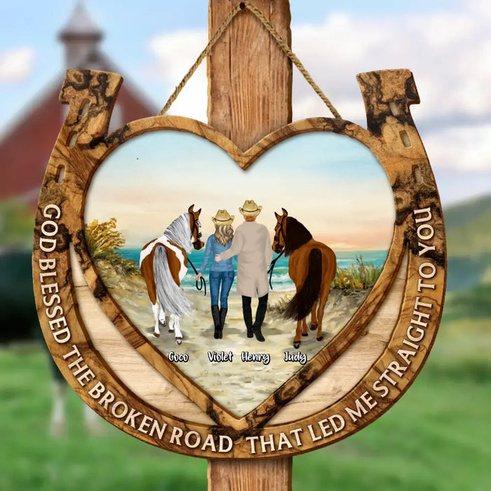 Custom Personalized Couple Cowboy Wooden Sign - Gift Idea For Couple/ Horse Lover - God Blessed The Broken Road That Led Me Straight To You