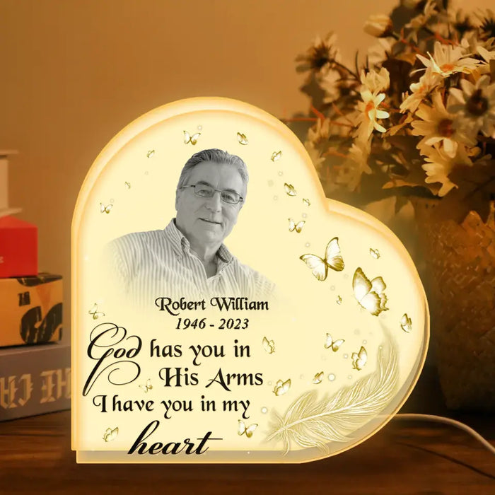 Custom Personalized Memorial Dad Heart Photo Light Box - Memorial Gift Idea For Family Member - God Has You In His Arms I Have You In My Heart