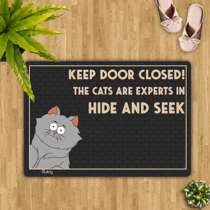 Custom Personalized Cat Doormat - Up to 6 Cats - Gift Idea For Cat Lover - Keep Door Closed! The Cats Are Experts In Hide And Seek