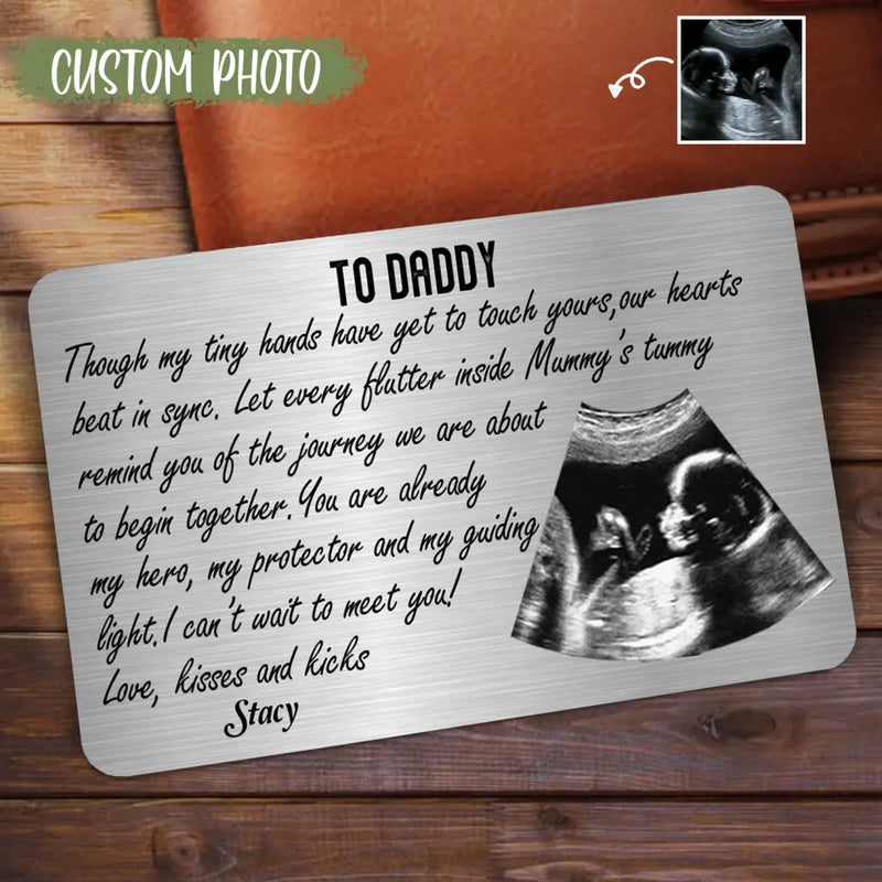 Personalized To Daddy Aluminum Wallet Card - Upload Photo - Gift For Dad, Father, New Parent - I Can't Wait To Meet You