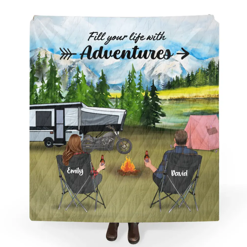 Personalized Camping Quilt/Fleece Throw Blanket - Couple/Parents With Up to 5 Kids And 4 Pets - Gift Idea For Camping Lover - Life Is Better Around The Campfire