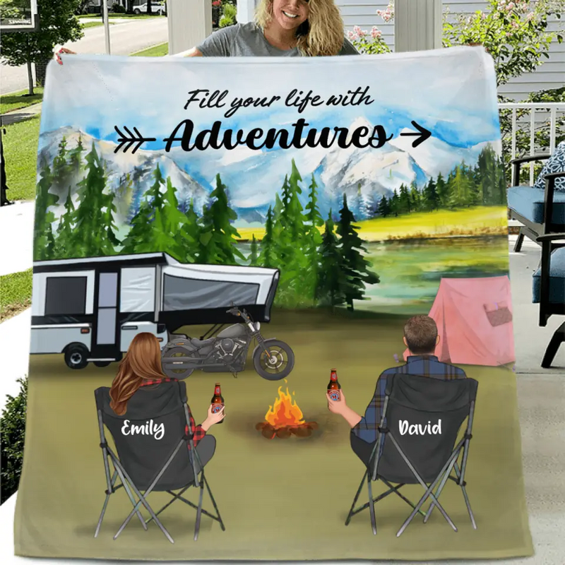 Personalized Camping Quilt/Fleece Throw Blanket - Couple/Parents With Up to 5 Kids And 4 Pets - Gift Idea For Camping Lover - Life Is Better Around The Campfire
