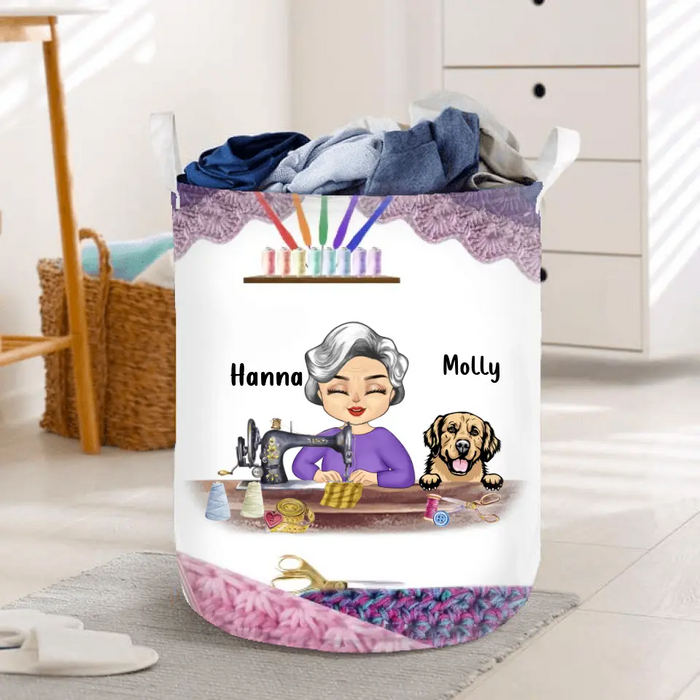 Custom Personalized Sewing Woman With Pets Laundry Basket - Mother's Day Gift For Mom/ Grandma With Up To 6 Pets - I Crochet Because Punching People Is Frowned Upon