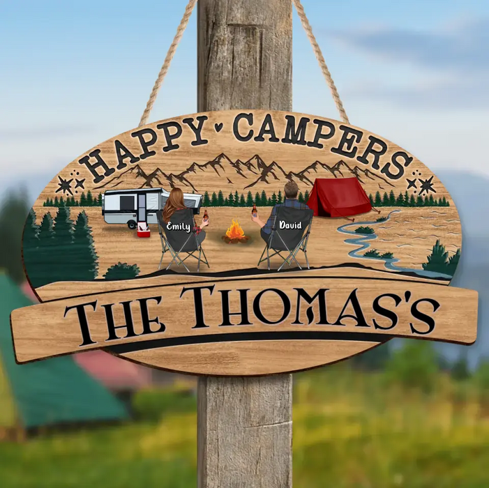 Custom Personalized Camping Wooden Sign - Gift Idea For Camping Lover/ Couple/ Family - Couple/ Parents With Upto 2 Kids And 2 Pets - Happy Campers