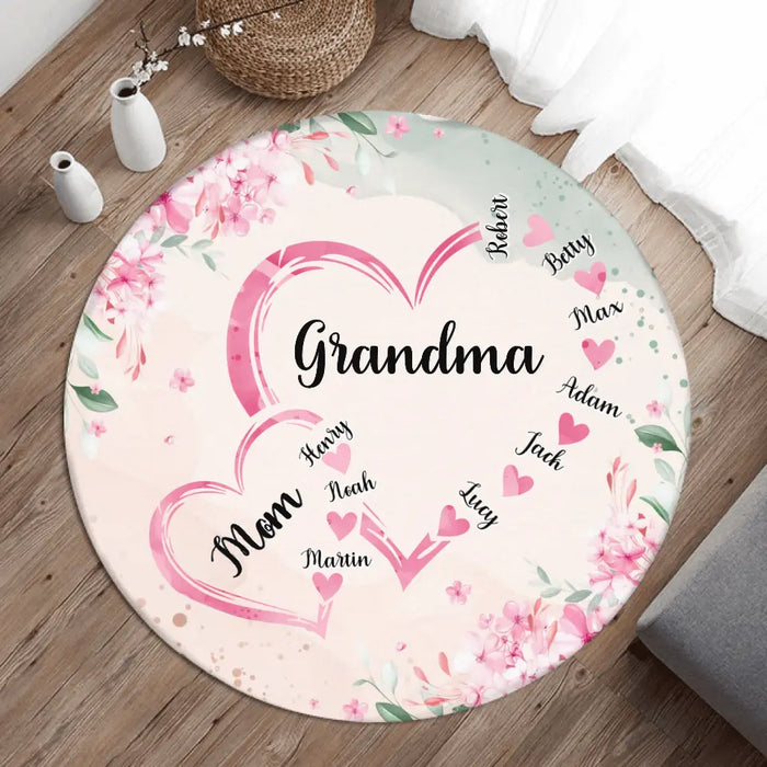 Personalized Grandma Mom Heart Floral Round Rug - Gift Idea For Grandma/Mom/Mother's Day - Up to 6 Kids And 12 Grandkids