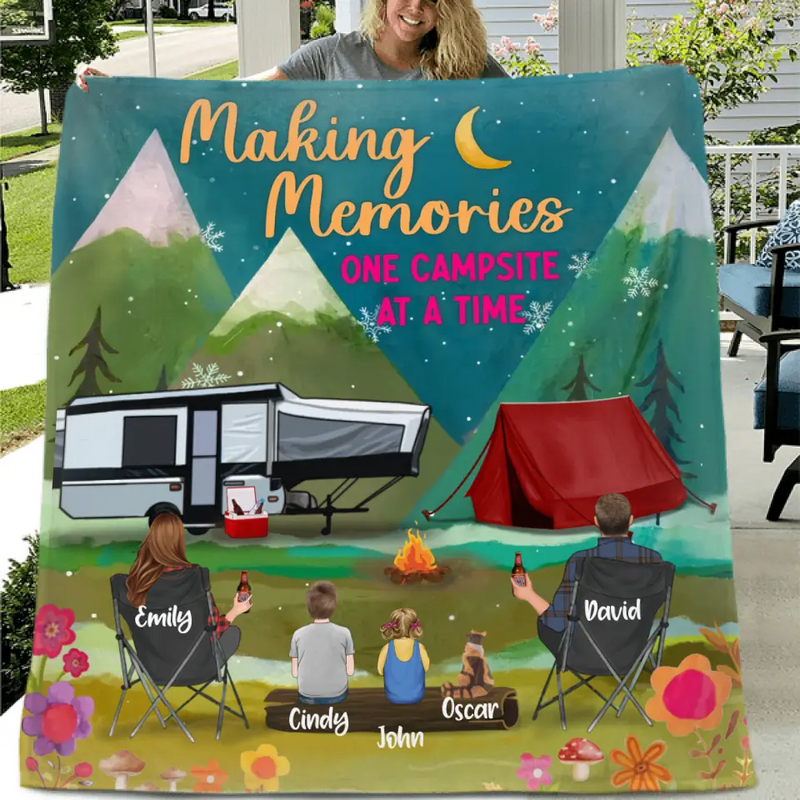 Personalized Camping Quilt/Fleece Throw Blanket - Gift Idea For Family/Camping Lover - Couple/Parents/Single Parent With Up to 3 Kids And 4 Pets - Making Memories One Campsite At A Time