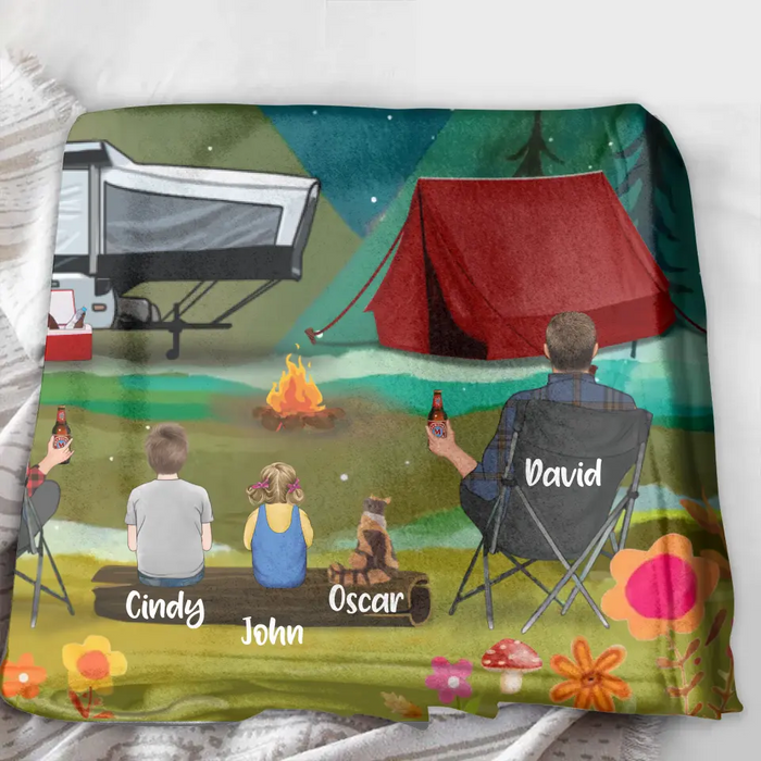 Custom Personalized Camping Quilt/Fleece Throw Blanket - Gift Idea For Family/Camping Lover - Couple/ Parents/ Single Parent With Up to 3 Kids And 4 Pets - Making Memories One Campsite At A Time