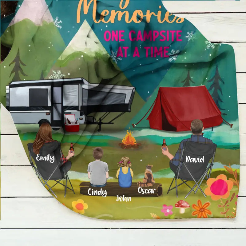 Personalized Camping Quilt/Fleece Throw Blanket - Gift Idea For Family/Camping Lover - Couple/Parents/Single Parent With Up to 3 Kids And 4 Pets - Making Memories One Campsite At A Time