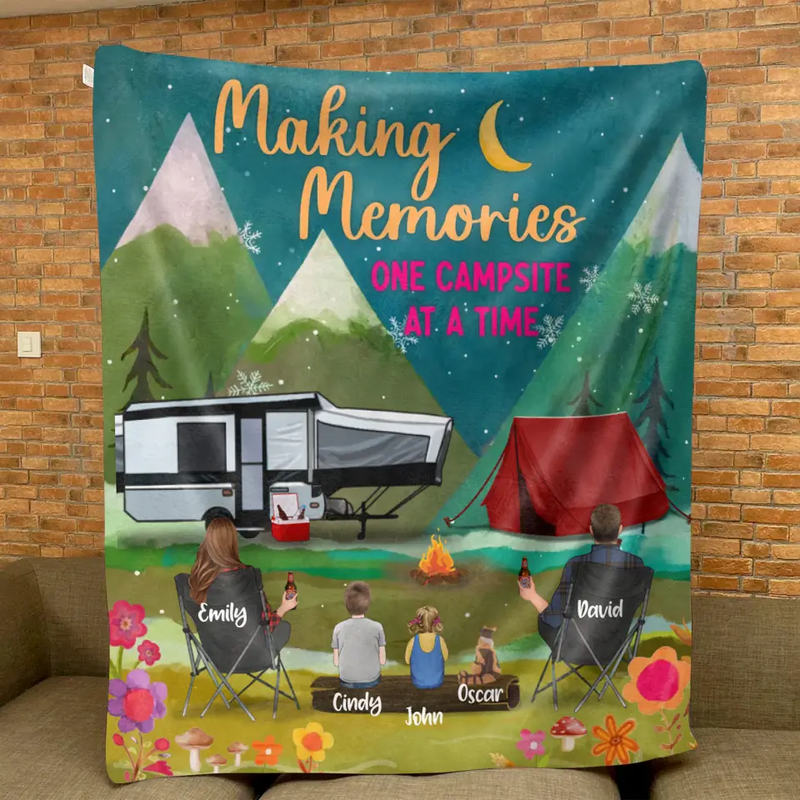 Personalized Camping Quilt/Fleece Throw Blanket - Gift Idea For Family/Camping Lover - Couple/Parents/Single Parent With Up to 3 Kids And 4 Pets - Making Memories One Campsite At A Time