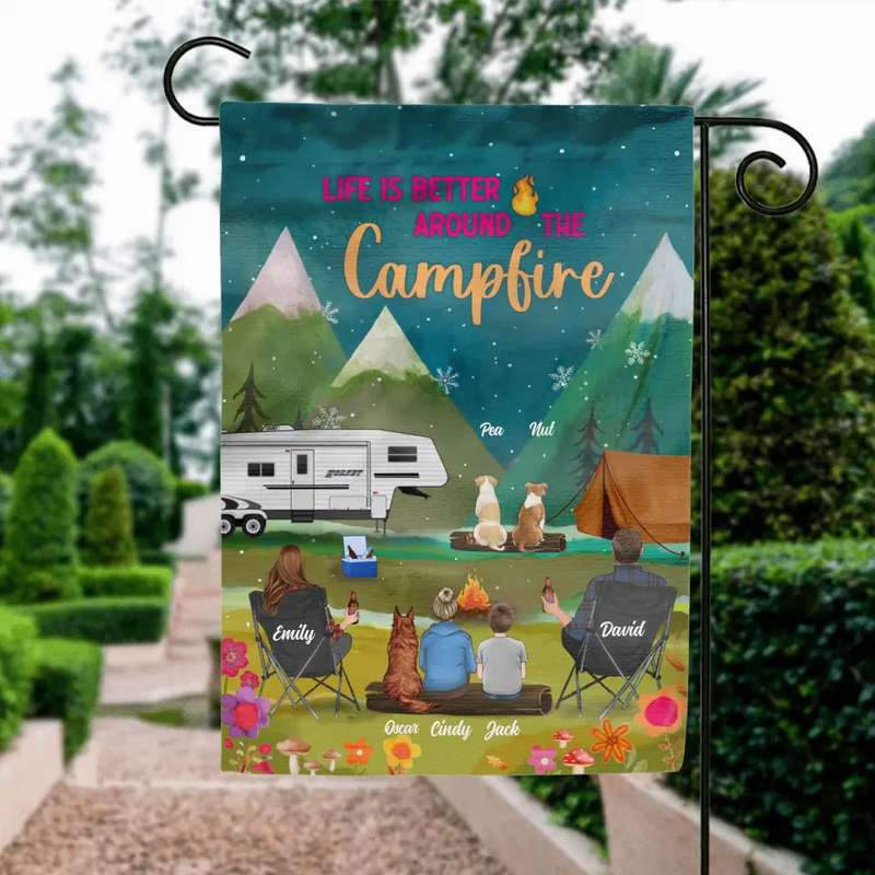Personalized Camping Flag Sign - Gift Idea For Family/Camping Lover - Couple/Parents/Single Parent With Up to 4 Kids And 4 Pets - Life Is Better Around The Campfire