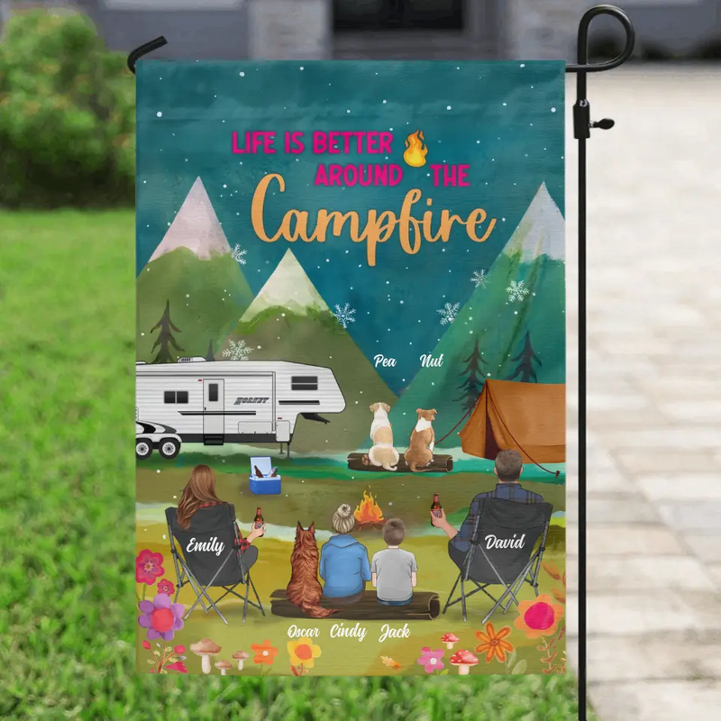 Personalized Camping Flag Sign - Gift Idea For Family/Camping Lover - Couple/Parents/Single Parent With Up to 4 Kids And 4 Pets - Life Is Better Around The Campfire