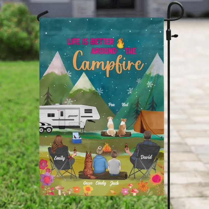 Custom Personalized Camping Flag Sign - Gift Idea For Family/Camping Lover - Couple/ Parents/ Single Parent With Up to 4 Kids And 4 Pets - Life Is Better Around The Campfire