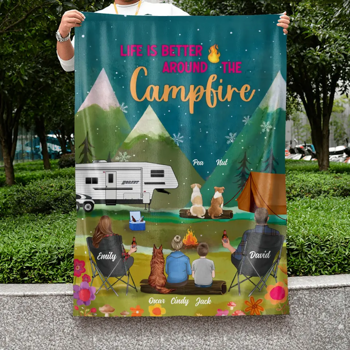 Custom Personalized Camping Flag Sign - Gift Idea For Family/Camping Lover - Couple/ Parents/ Single Parent With Up to 4 Kids And 4 Pets - Life Is Better Around The Campfire