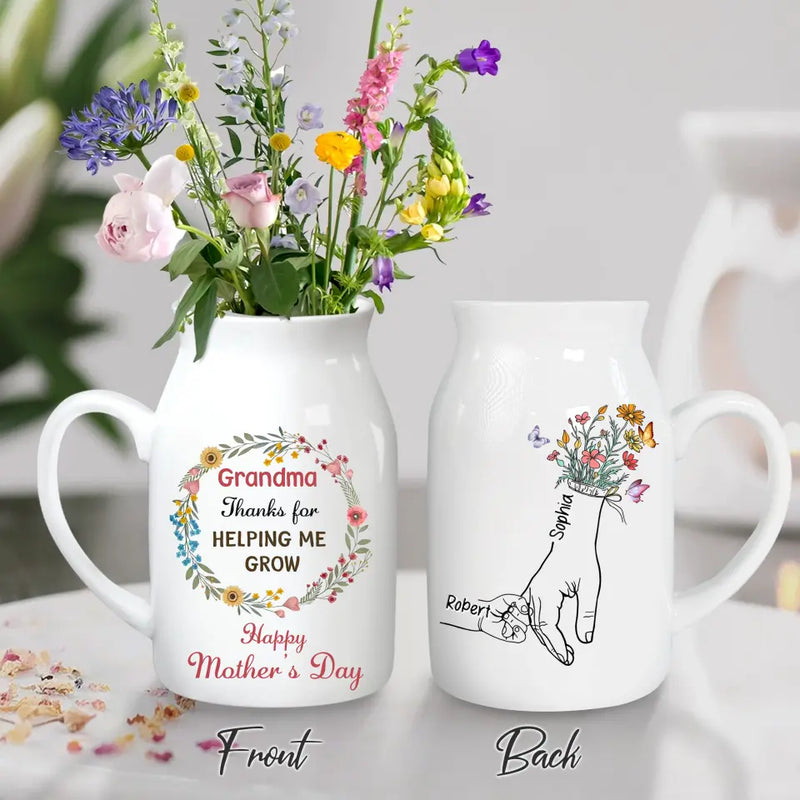 Personalized Grandma's Garden Ceramic Flower Vase - Up to 10 Kids - Mother's Day Gift Idea For Grandma/Mom - Thank You For Helping Us Grow