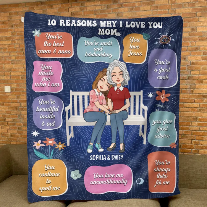 Custom Personalized Mother's Day  Quilt/Fleece Throw Blanket - Upto 5 People - Mother's Day Gift Idea for Mom/Grandma - 10 Reasons Why I Love You