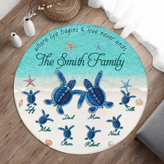 Custom Personalized Turtle Family Round Rug - Gift Idea For Family/ Couple - Up to 6 Kids - Where Life Begins & Love Never Ends