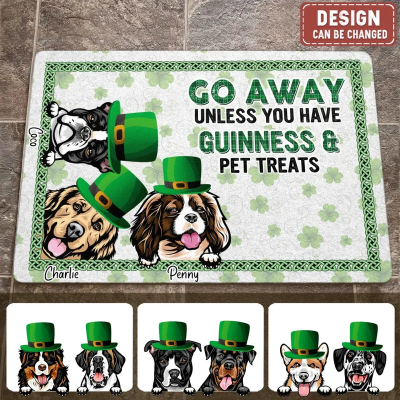 Personalized St Patrick's Day Dog Doormat - Up to 7 Dogs - Gift Idea For St Patrick's Day/Dog Lover - Go Away Unless You Have Guinness & Pet Treats