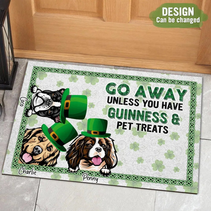 Custom Personalized St Patrick's Day Dog Doormat - Upto 7 Dogs - Gift Idea For St Patrick's Day/ Dog Lover - Go Away Unless You Have Guinness & Pet Treats