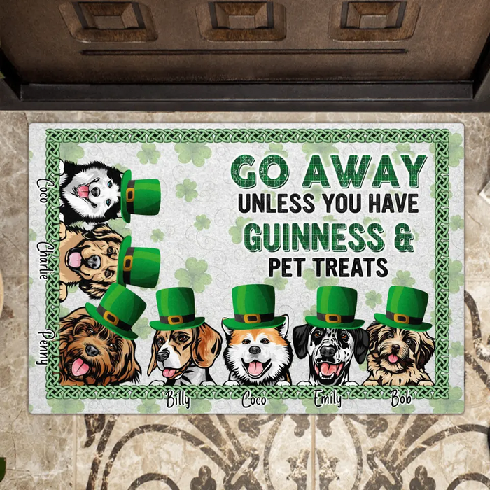Custom Personalized St Patrick's Day Dog Doormat - Upto 7 Dogs - Gift Idea For St Patrick's Day/ Dog Lover - Go Away Unless You Have Guinness & Pet Treats