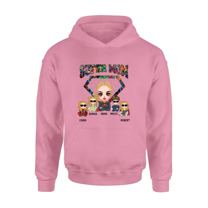 Custom Personalized Super Mom Shirt/Hoodie - Upto 4 Kids - Gift Idea For Grandma/Mother's Day