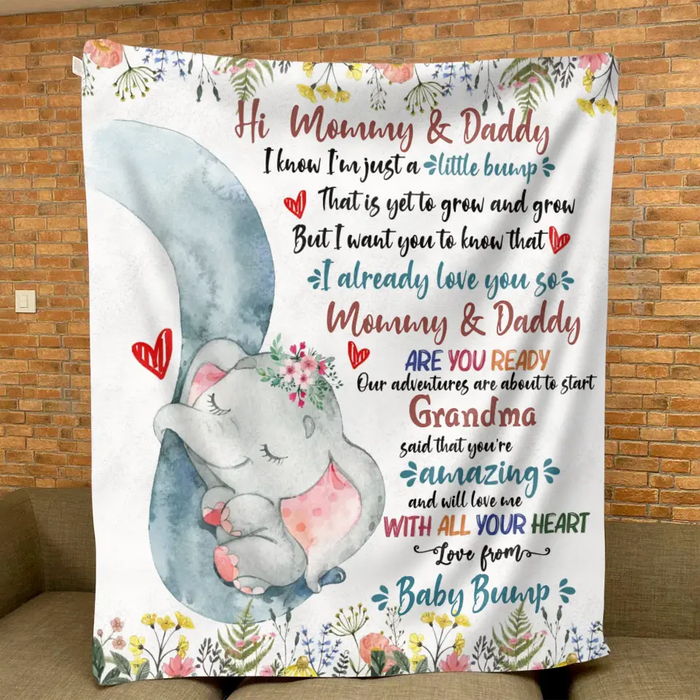 Custom Personalized Elephant Quilt/Fleece Throw Blanket - Gift Idea For New Mom/ Dad - Hi Mommy Daddy