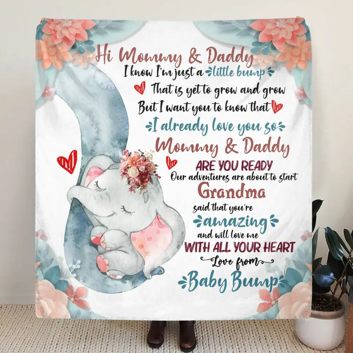 Custom Personalized Elephant Quilt/Fleece Throw Blanket - Gift Idea For New Dad/ Mom - Hi Mommy Daddy