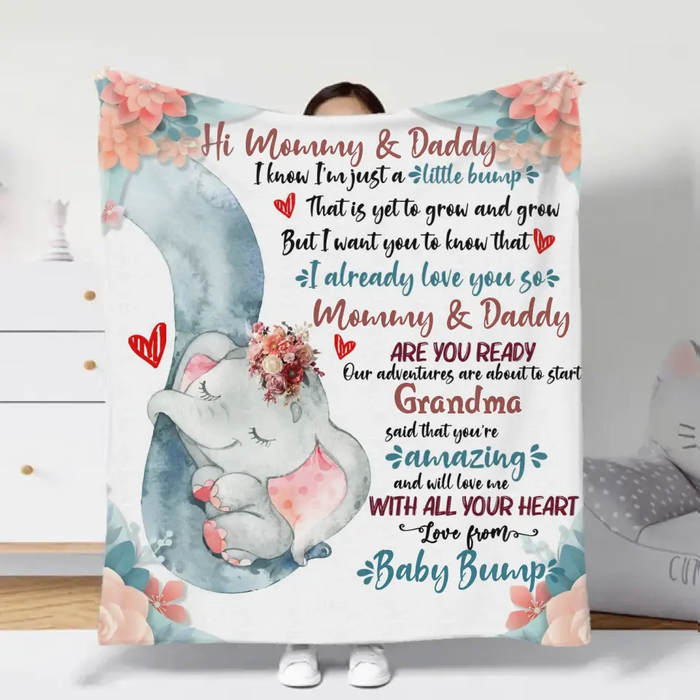 Custom Personalized Elephant Quilt/Fleece Throw Blanket - Gift Idea For New Dad/ Mom - Hi Mommy Daddy