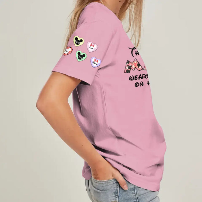 Custom Personalized Mother's Day AOP T-Shirt - Upto 10 Kids - Mother's Day Gift Idea for Mom/Grandma - This Mom/Nana Wears Her Heart On Her Sleeve