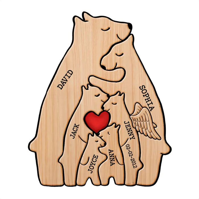 Personalized Family Bear Wooden Puzzle - Up to 6 People - Christmas/Memorial Gift Idea for Family