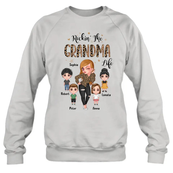 Custom Personalize Grandma Shirt/Hoodie - Upto 4 Kids - Gift Idea For Grandma/Mother's Day - Rockin' The Grandma Life