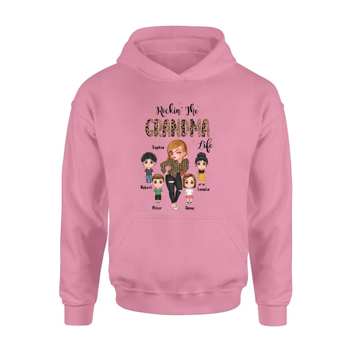 Custom Personalize Grandma Shirt/Hoodie - Upto 4 Kids - Gift Idea For Grandma/Mother's Day - Rockin' The Grandma Life