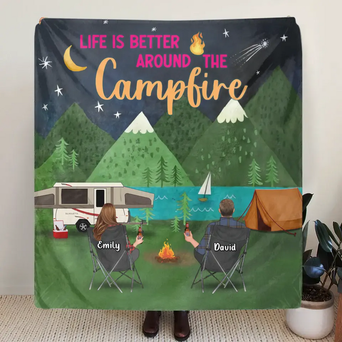 Custom Personalized Camping Quilt/Fleece Throw Blanket - Gift Idea For Family/Camping Lover - Couple/ Parents/ Single Parent With Up to 5 Kids And 4 Pets - Life Is Better Around The Campfire