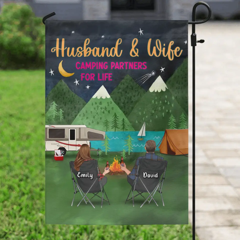 Personalized Camping Flag Sign - Gift Idea For Family/Camping Lover - Couple/Parents/Single Parent With Up to 5 Kids And 4 Pets - Husband & Wife Camping Partners For Life