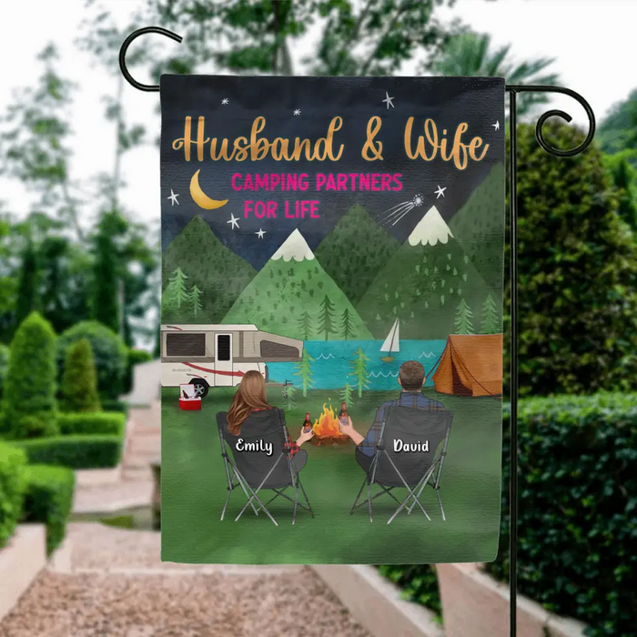 Custom Personalized Camping Flag Sign - Gift Idea For Family/Camping Lover - Couple/ Parents/ Single Parent With Up to 5 Kids And 4 Pets - Husband & Wife Camping Partners For Life