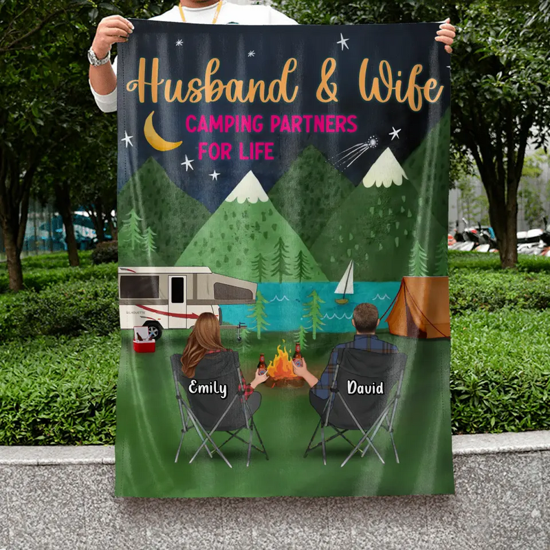 Personalized Camping Flag Sign - Gift Idea For Family/Camping Lover - Couple/Parents/Single Parent With Up to 5 Kids And 4 Pets - Husband & Wife Camping Partners For Life