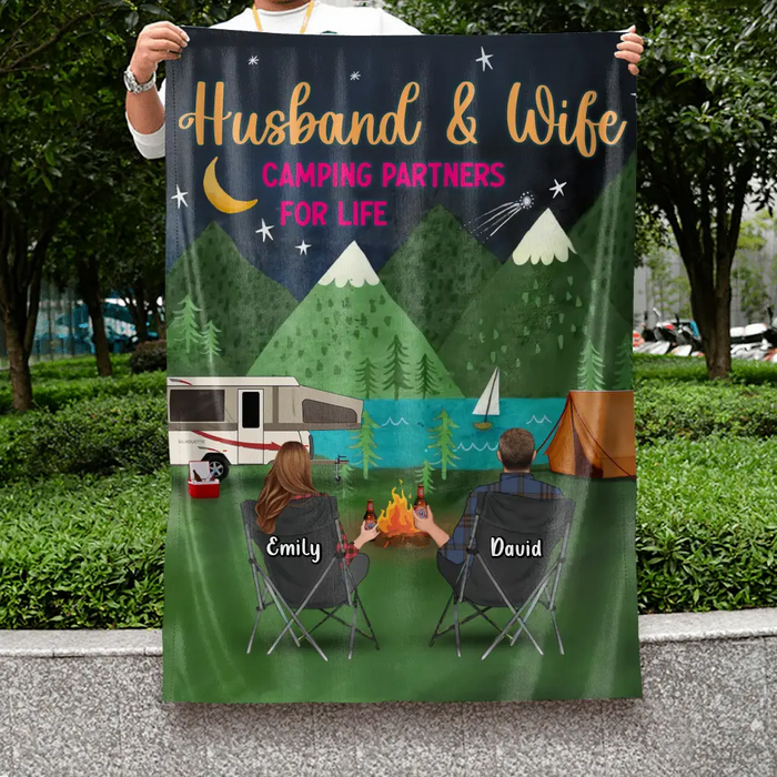 Custom Personalized Camping Flag Sign - Gift Idea For Family/Camping Lover - Couple/ Parents/ Single Parent With Up to 5 Kids And 4 Pets - Husband & Wife Camping Partners For Life