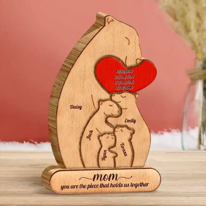 Personalized Mama Bear Wooden Puzzle - Up to 4 Children - Mother's Day Gift Idea To Mom - Mom You Are The Piece That Holds Us Together